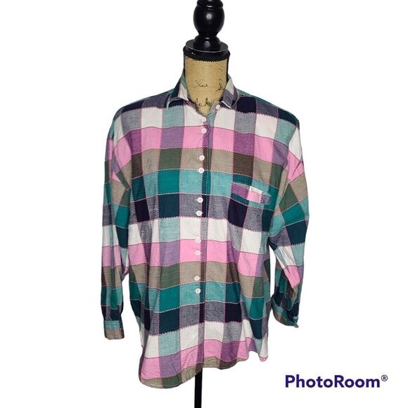 Vintage 90's Girly Pink Green Plaid Button Down Oversized Shirt - Picture 1 of 12